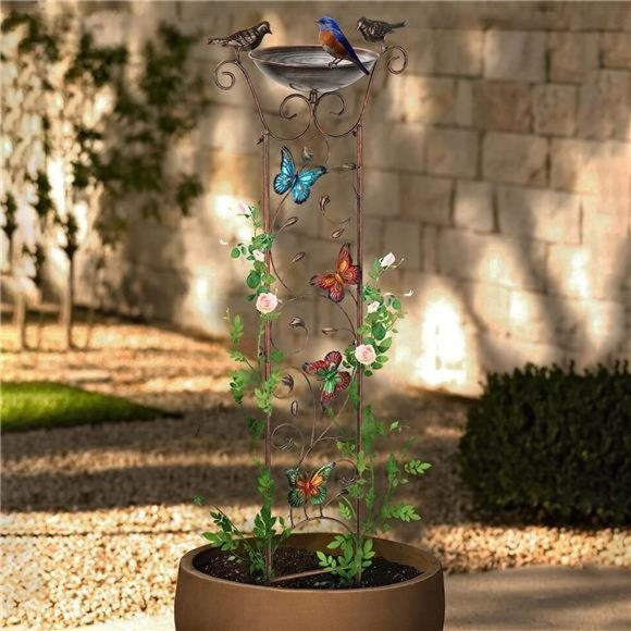 Bird Bath with Trellis Outdoor,Antique Garden Iron Plant Trellis with Decorative - Picture 4 of 6